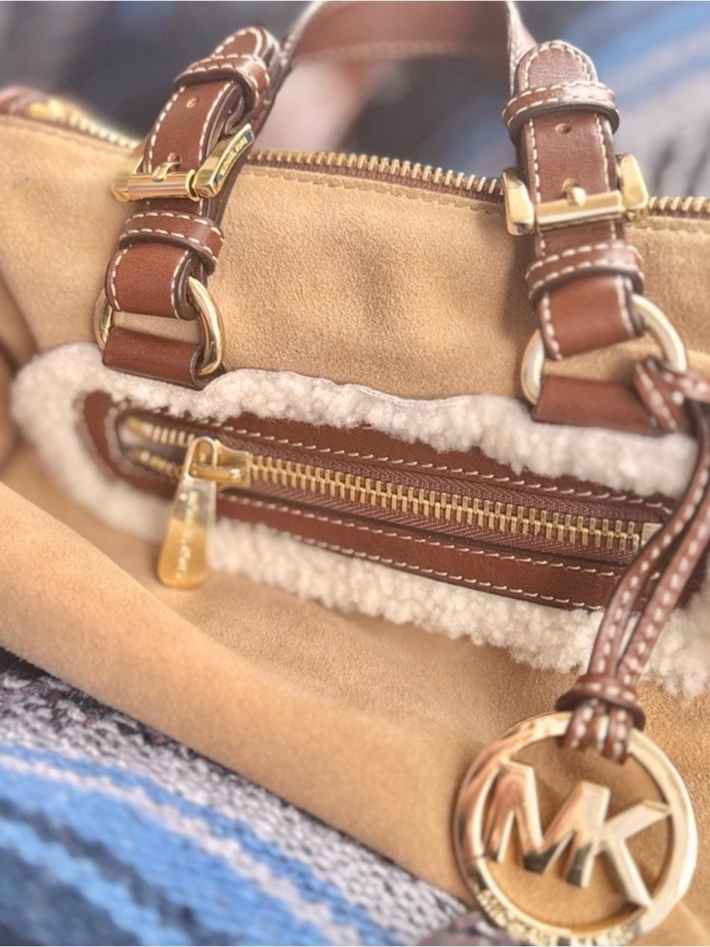 Michael Kors Tan & Brown Shearling Trim Satchel with Gold Hardware